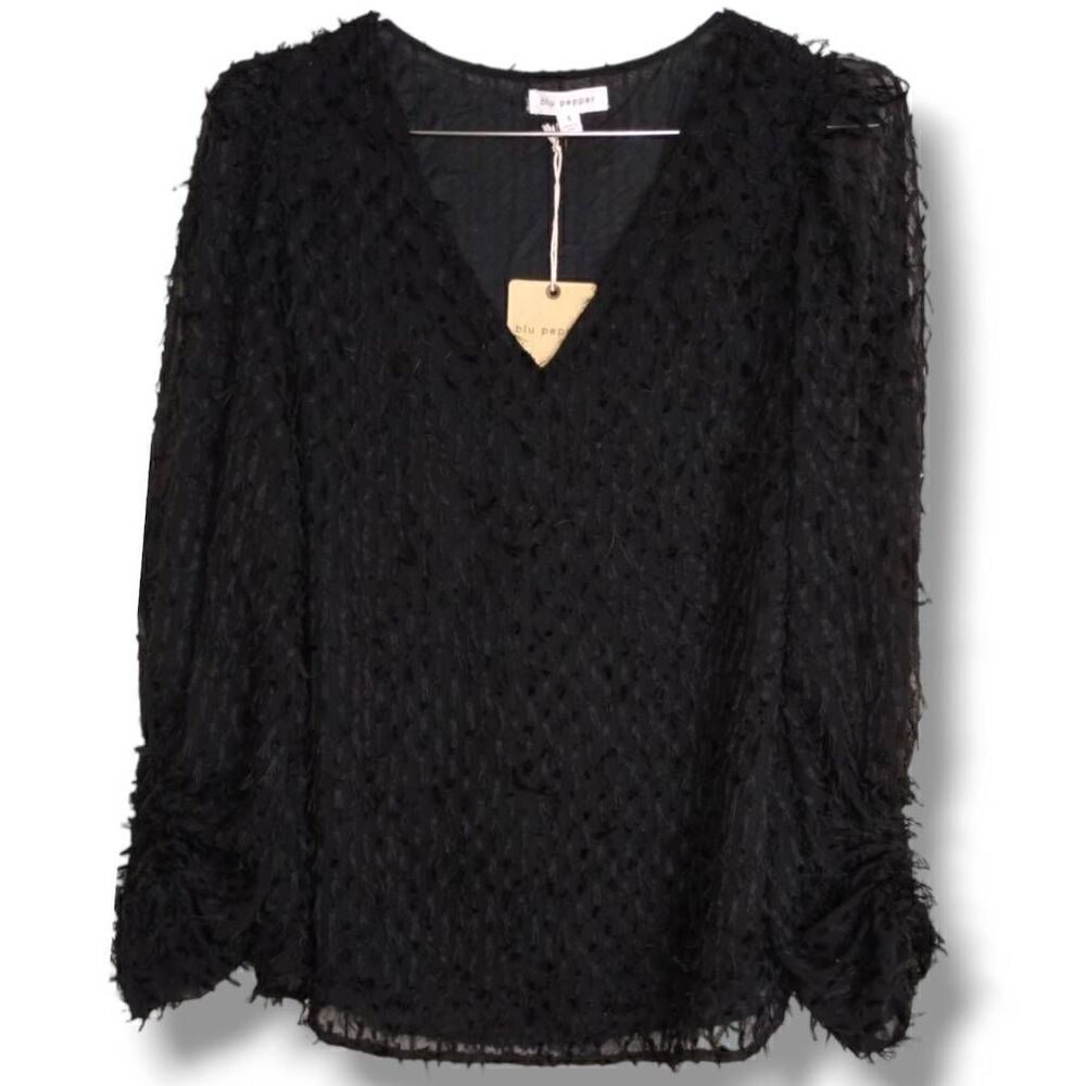 Blu Pepper Womens Sheer‎ Top Size Small Black Vneck 3/4 Sleeves Holiday Slouchy